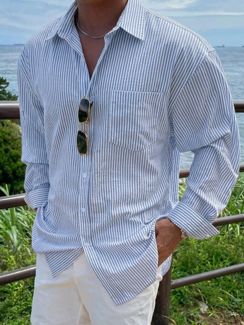Blue Business Men's Striped Long Sleeve Shirt